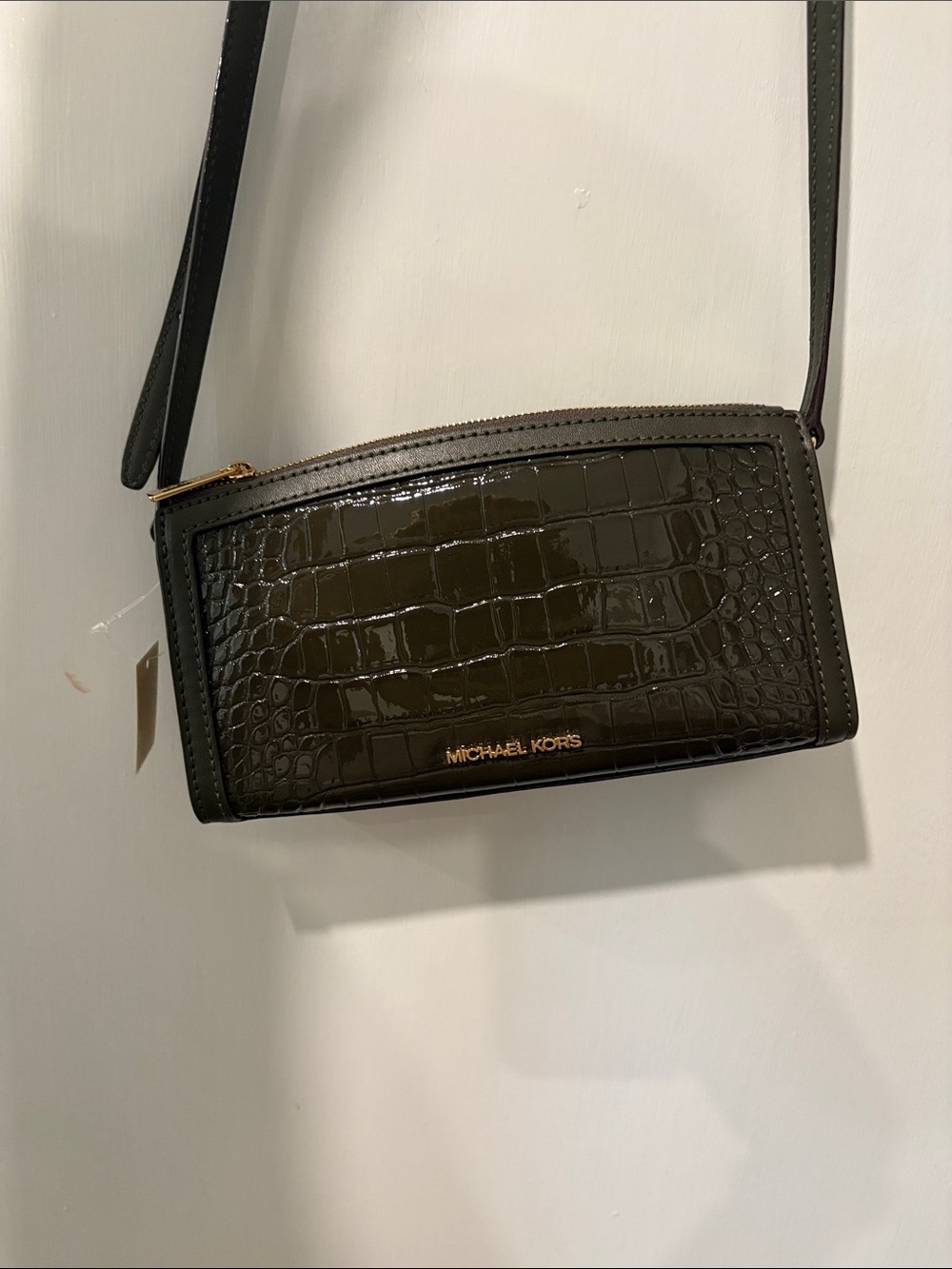 Michael Kors Croc-Embossed Patent Crossbody in Dark GREEN brown